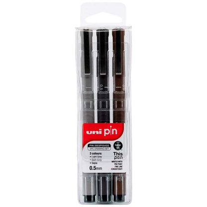 Light Gray UNI PIN Fineliner, 0.5mm, Assorted Colours, Pk3 Pens and Markers