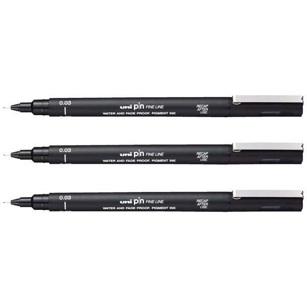 White Smoke UNI PIN Fineliner, 0.03mm, Black Ink, Pk3 Pens and Markers