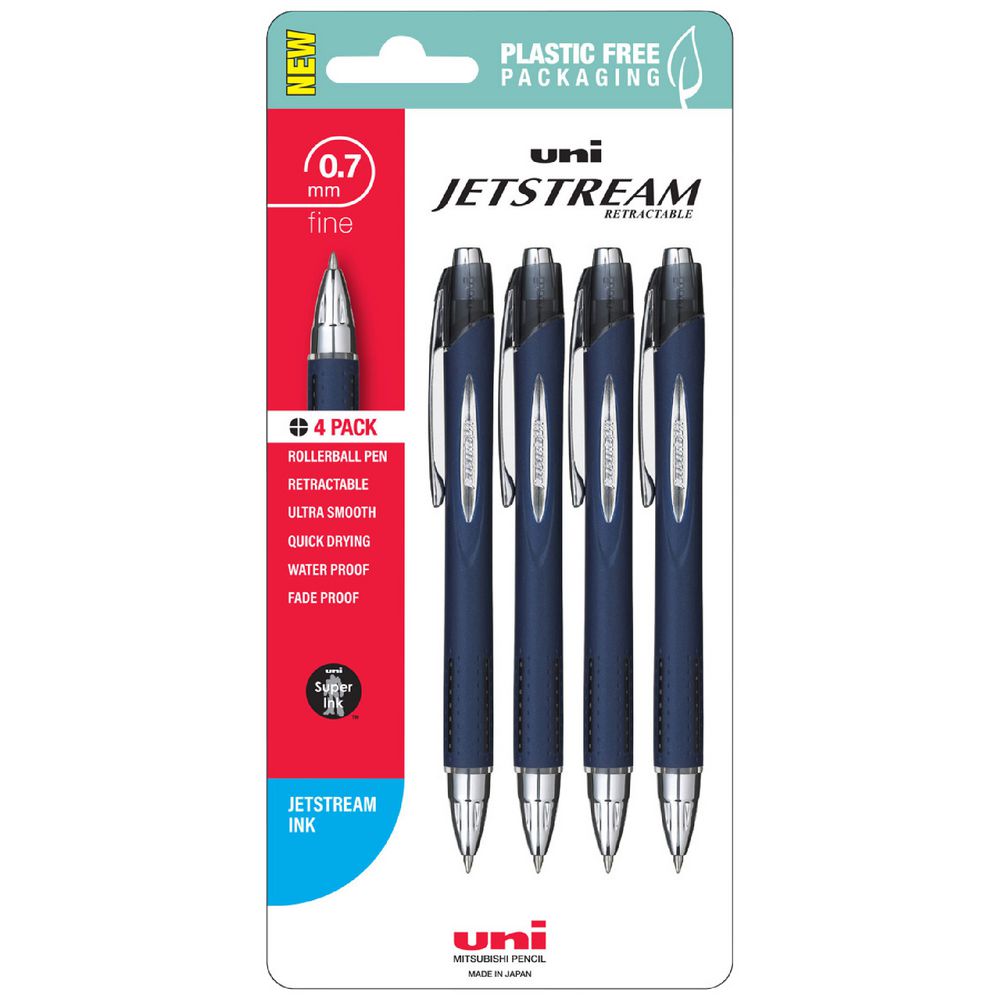 White Smoke UNI Jetstream SXN217 Retractable Rollerball Pen 0.7mm, Black - 4 Pack Rollerball Pens