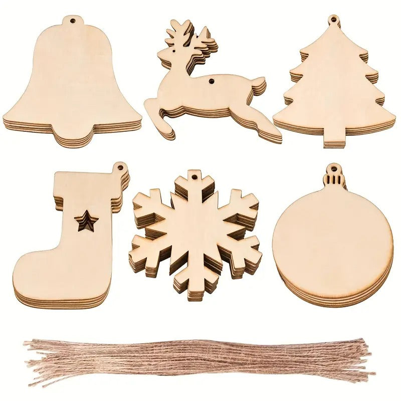 White Smoke DIY Wooden Christmas Tree Ornaments, 60pcs Christmas