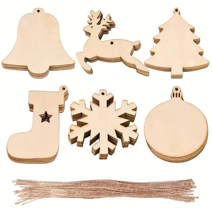 White Smoke DIY Wooden Christmas Tree Ornaments, 60pcs Christmas