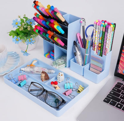 Light Gray Pen Tray - 13 Compartments - Pen Holder - Desk Organizer - Pen Trays - Desk Organizer - Pen Case - Plastic - Removable - Storage System - Letter Tray - Desk Accessories - Blue Craft Storage & Lighting