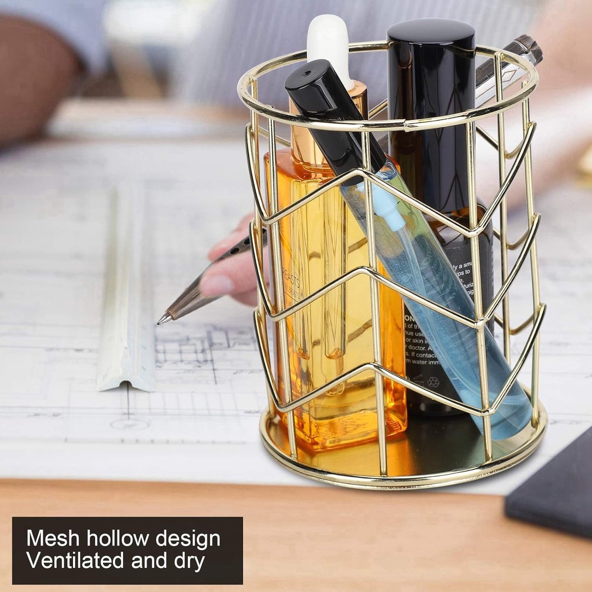 Light Gray Pen Tray - Pen Holder - Pen Tray - Desk Organizer - Desk Organizer - Desk - Metal - Round - Gold - 2 Pieces Craft Storage & Lighting