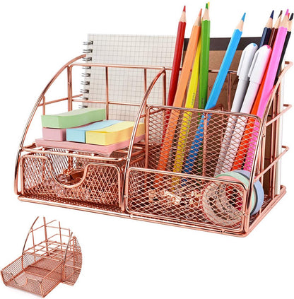 White Smoke Pen Tray - 5 Compartments and Drawer - Desk Organizer - Rose Gold - Pen Holder - Desk Organizer - Durable - Non-Fading - Metal - Pen Trays - Mesh - Fashion - Multifunctional Storage System - Neatness & Classification - Save Space Craft Storage & Lighting