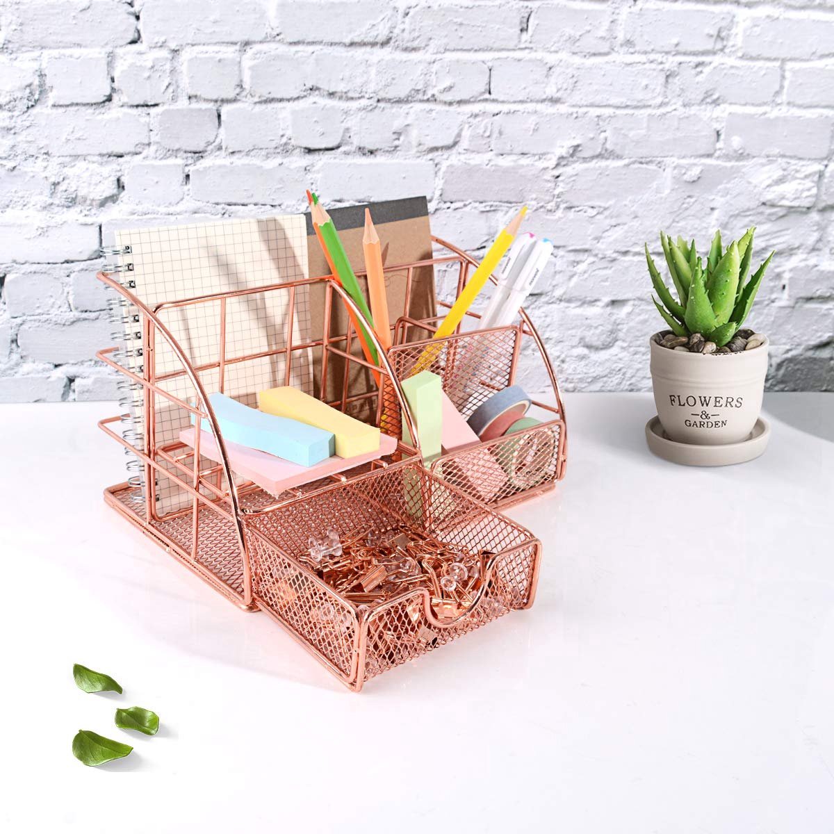 White Smoke Pen Tray - 5 Compartments and Drawer - Desk Organizer - Rose Gold - Pen Holder - Desk Organizer - Durable - Non-Fading - Metal - Pen Trays - Mesh - Fashion - Multifunctional Storage System - Neatness & Classification - Save Space Craft Storage & Lighting
