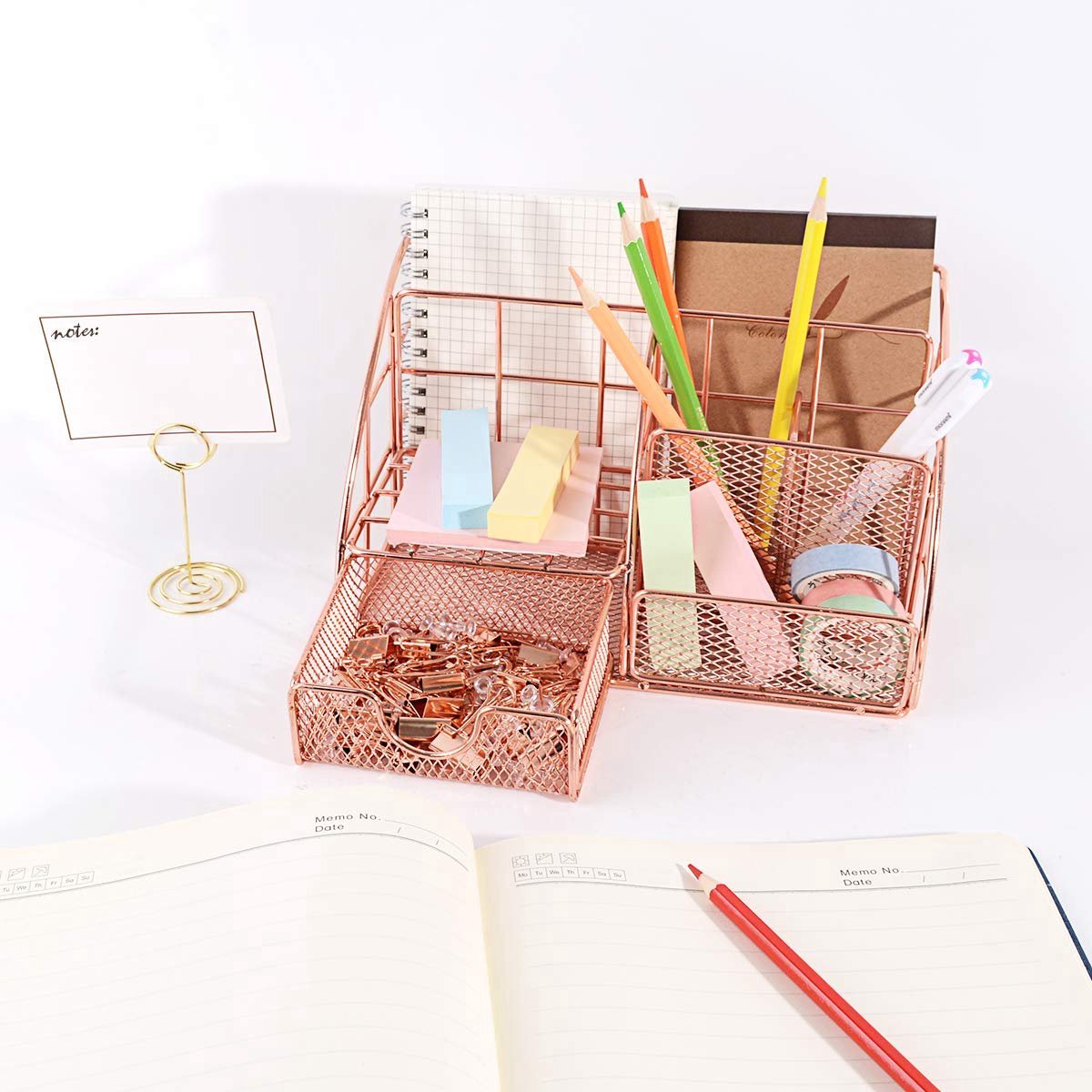 White Smoke Pen Tray - 5 Compartments and Drawer - Desk Organizer - Rose Gold - Pen Holder - Desk Organizer - Durable - Non-Fading - Metal - Pen Trays - Mesh - Fashion - Multifunctional Storage System - Neatness & Classification - Save Space Craft Storage & Lighting