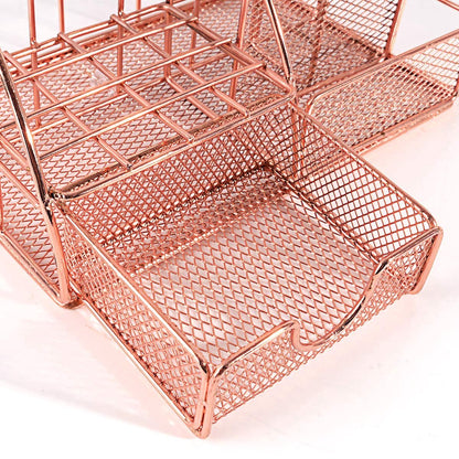 White Smoke Pen Tray - 5 Compartments and Drawer - Desk Organizer - Rose Gold - Pen Holder - Desk Organizer - Durable - Non-Fading - Metal - Pen Trays - Mesh - Fashion - Multifunctional Storage System - Neatness & Classification - Save Space Craft Storage & Lighting