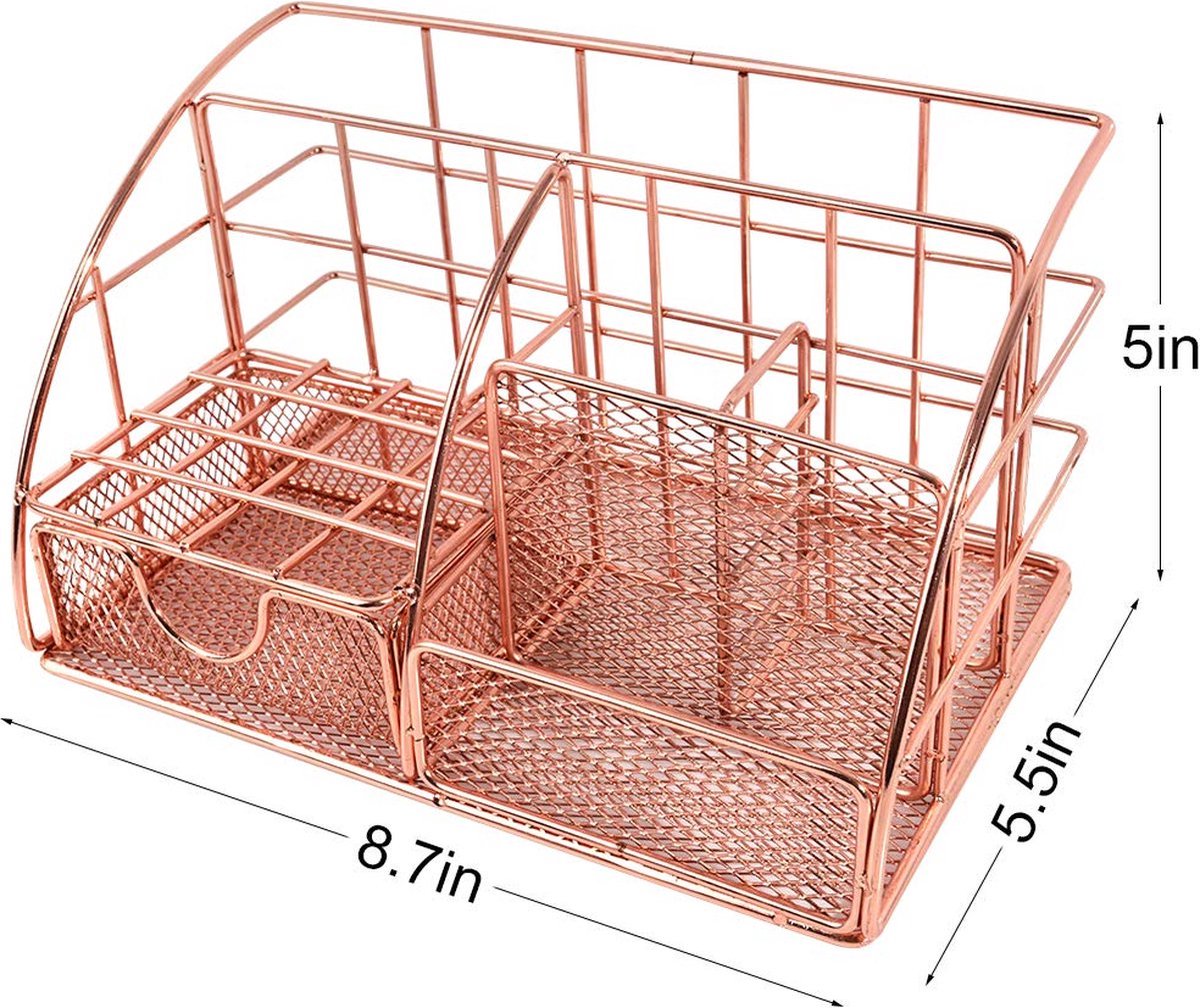 White Smoke Pen Tray - 5 Compartments and Drawer - Desk Organizer - Rose Gold - Pen Holder - Desk Organizer - Durable - Non-Fading - Metal - Pen Trays - Mesh - Fashion - Multifunctional Storage System - Neatness & Classification - Save Space Craft Storage & Lighting