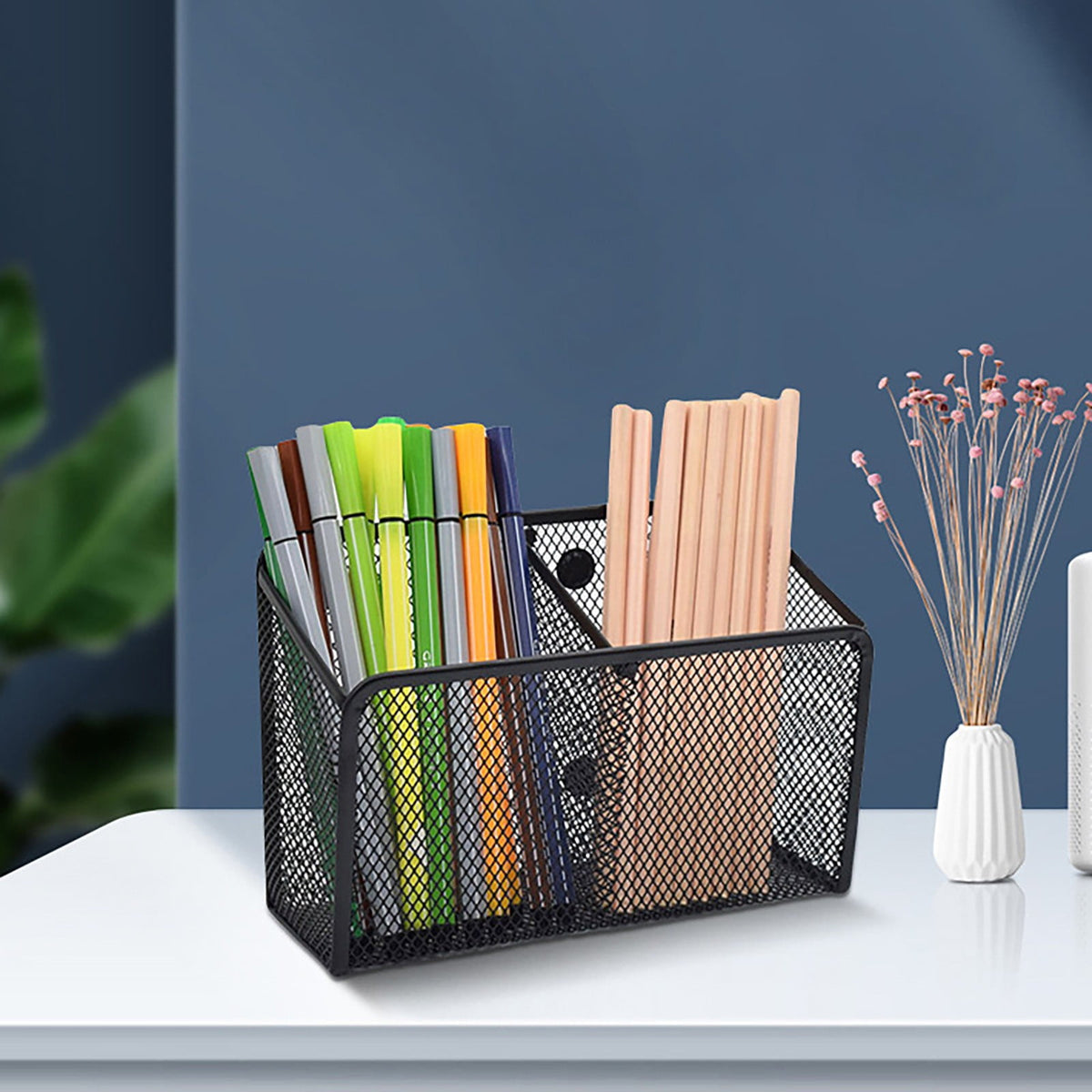Dark Slate Blue Magnetic Pen Holder, Heavy Duty 2 Slot Mesh Pencil & Marker Organizer for Desk, Extra Strong Magnets for Locker, Refrigerator, Dry Erase Board, Whiteboard Storage Solution, 7.28x2.68x4.92 7.28" x 2.68" x 4.92" Black Craft Storage & Lighting