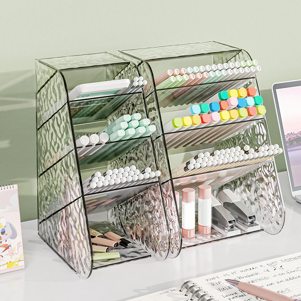 Light Gray Slanted Desktop Organizer - Clear Acrylic Pen Holder w/ Angled Slots, Cosmetic Brush Storage & Office Supply Tray for Desk (Multi-Use Stationery Box)\u200b\u200b L White Craft Storage & Lighting