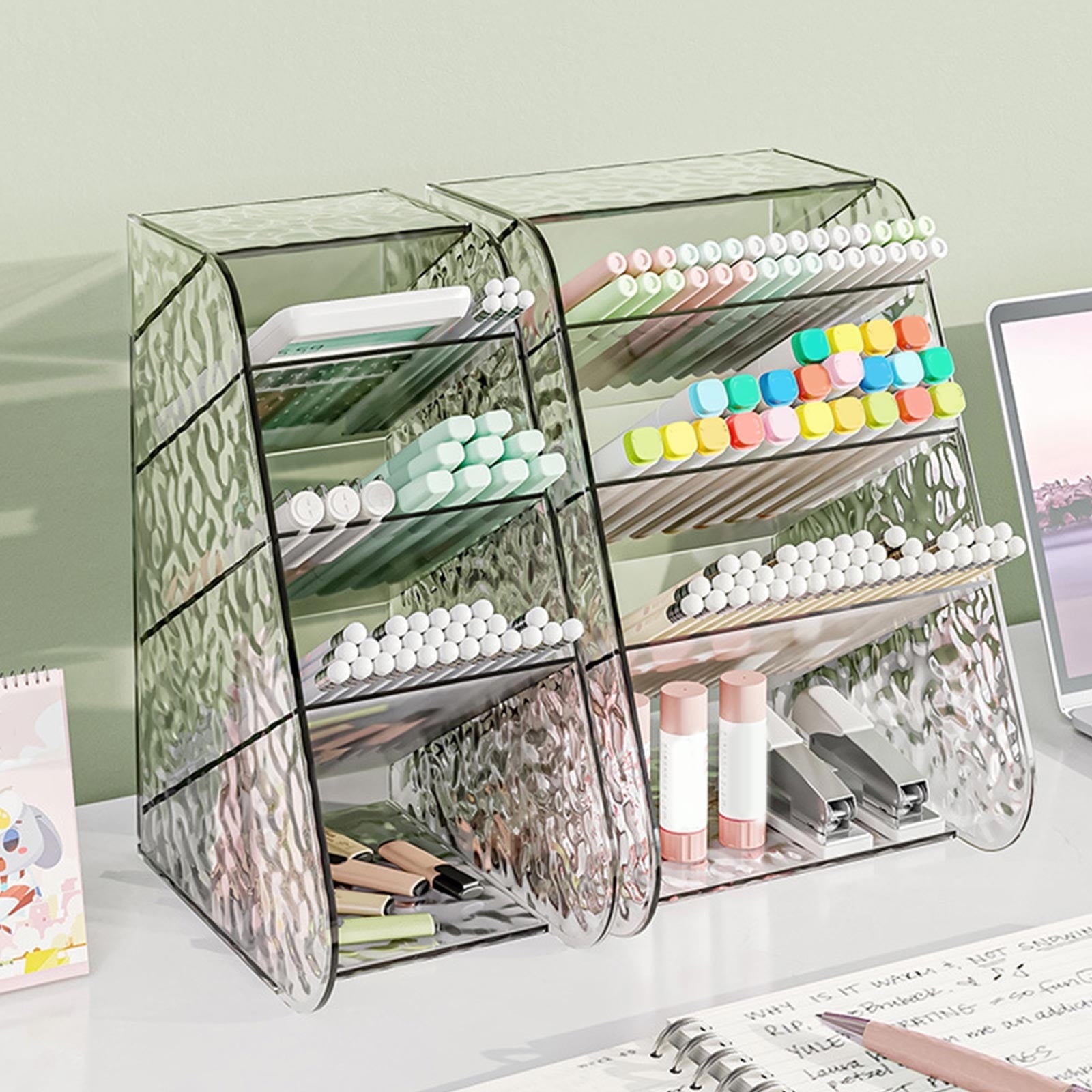 Light Gray Slanted Desktop Organizer - Clear Acrylic Pen Holder w/ Angled Slots, Cosmetic Brush Storage & Office Supply Tray for Desk (Multi-Use Stationery Box)\u200b\u200b L White Craft Storage & Lighting