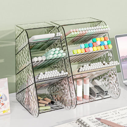 Light Gray Slanted Desktop Organizer - Clear Acrylic Pen Holder w/ Angled Slots, Cosmetic Brush Storage & Office Supply Tray for Desk (Multi-Use Stationery Box)\u200b\u200b L White Craft Storage & Lighting