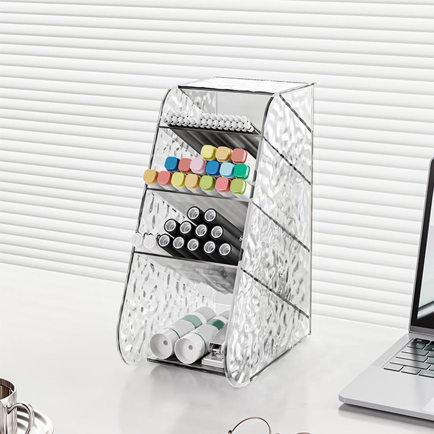 Lavender Slanted Desktop Organizer - Clear Acrylic Pen Holder w/ Angled Slots, Cosmetic Brush Storage & Office Supply Tray for Desk (Multi-Use Stationery Box)\u200b\u200b L White Craft Storage & Lighting