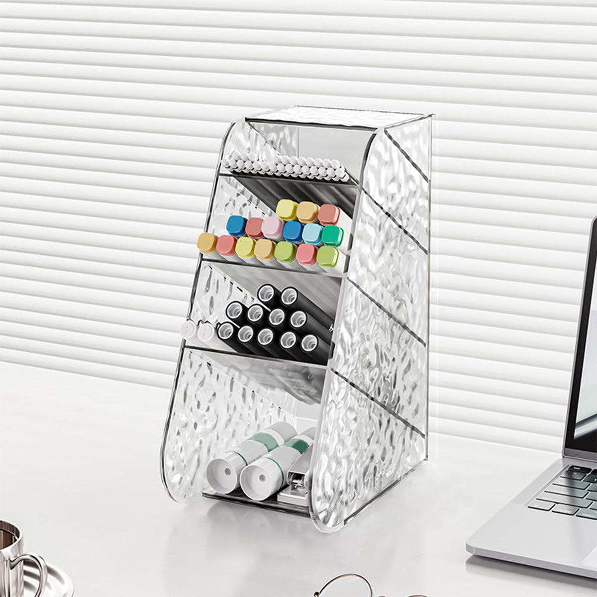 Lavender Slanted Desktop Organizer - Clear Acrylic Pen Holder w/ Angled Slots, Cosmetic Brush Storage & Office Supply Tray for Desk (Multi-Use Stationery Box)\u200b\u200b L White Craft Storage & Lighting