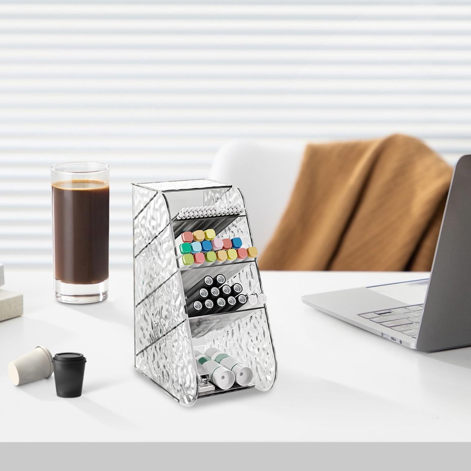 Lavender Slanted Desktop Organizer - Clear Acrylic Pen Holder w/ Angled Slots, Cosmetic Brush Storage & Office Supply Tray for Desk (Multi-Use Stationery Box)\u200b\u200b L White Craft Storage & Lighting