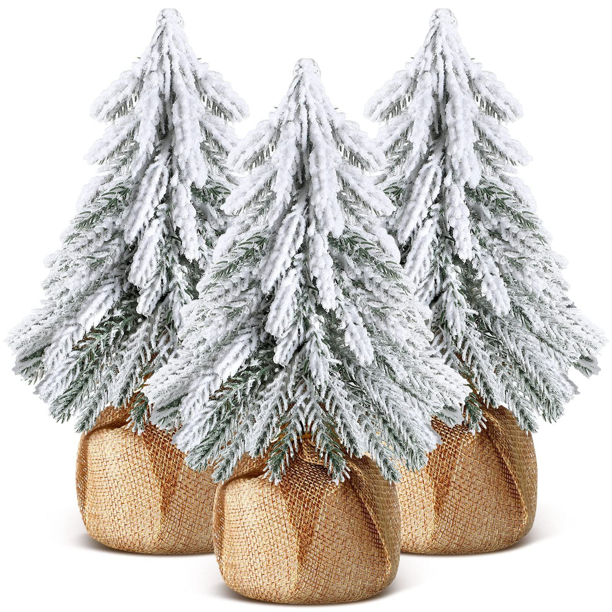 White Smoke 3 Pcs Snow Tabletop Christmas Trees, Snow Flocked Mini Tabletop Pine Trees with Wooden Base,Artificial Desk Christmas Trees for Xmas Holiday Home Party Table Decorations(22cm) Xmas