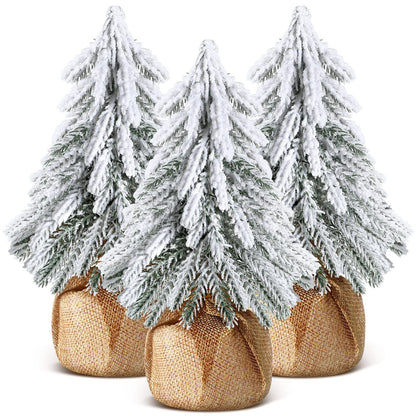 White Smoke 3 Pcs Snow Tabletop Christmas Trees, Snow Flocked Mini Tabletop Pine Trees with Wooden Base,Artificial Desk Christmas Trees for Xmas Holiday Home Party Table Decorations(22cm) Xmas