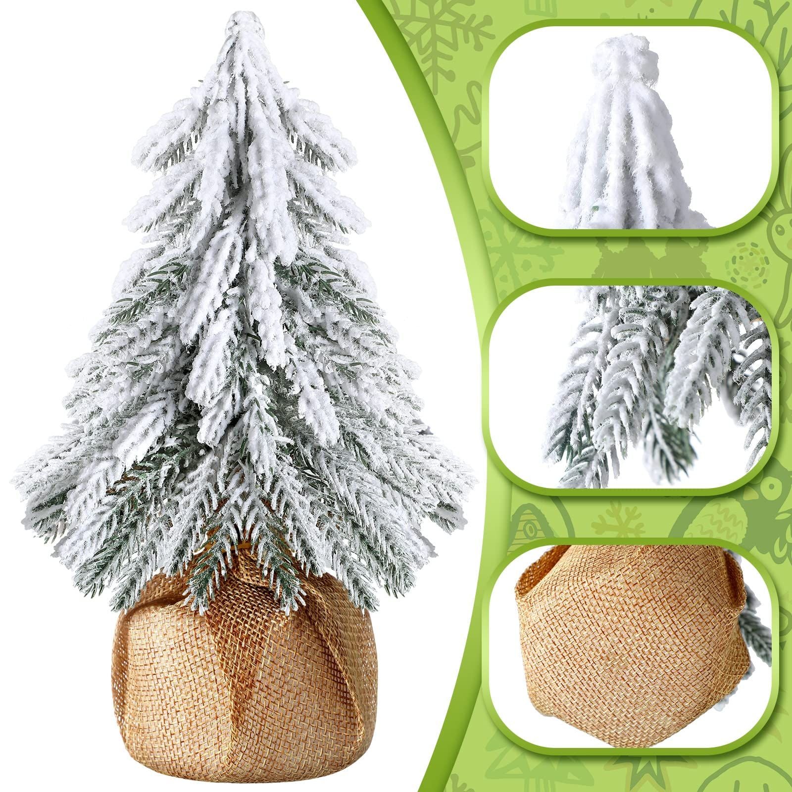 White Smoke 3 Pcs Snow Tabletop Christmas Trees, Snow Flocked Mini Tabletop Pine Trees with Wooden Base,Artificial Desk Christmas Trees for Xmas Holiday Home Party Table Decorations(22cm) Xmas