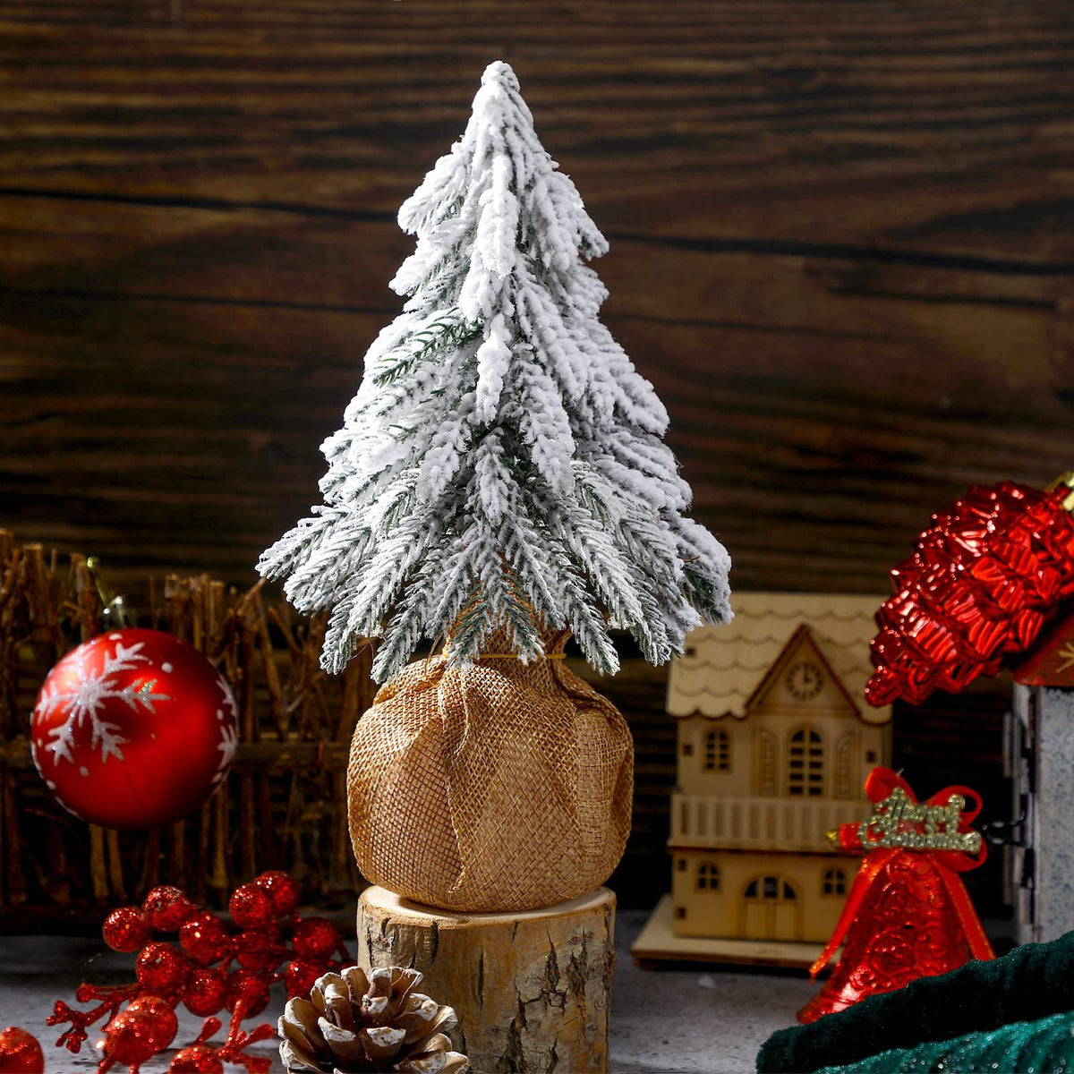 Dark Slate Gray 3 Pcs Snow Tabletop Christmas Trees, Snow Flocked Mini Tabletop Pine Trees with Wooden Base,Artificial Desk Christmas Trees for Xmas Holiday Home Party Table Decorations(22cm) Xmas