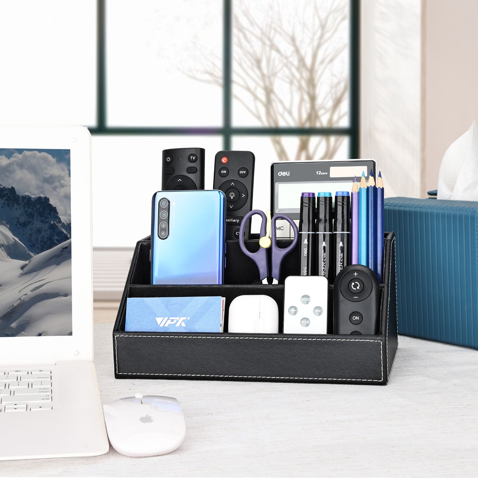 White Smoke Pu Leather Desk Organizer with 5 Compartments Holder, Multi-Functional Office Supplies Storage Caddy for Pen/Pencil, Phones, Remote Controller and Desktop Accessorie Black（Only storage box） Craft Storage & Lighting