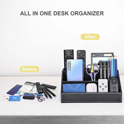 White Smoke Pu Leather Desk Organizer with 5 Compartments Holder, Multi-Functional Office Supplies Storage Caddy for Pen/Pencil, Phones, Remote Controller and Desktop Accessorie Black（Only storage box） Craft Storage & Lighting