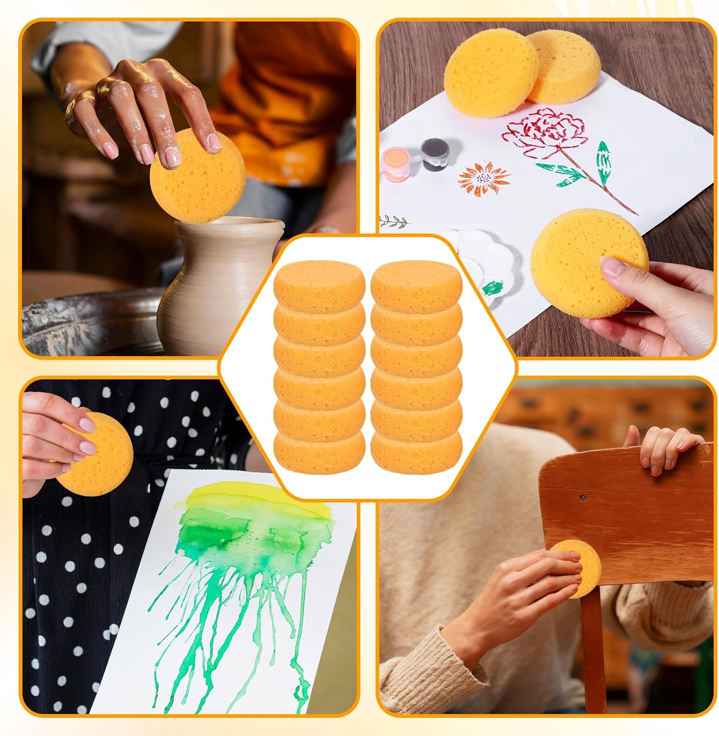 Beige Paint Sponge, 12 Pcs Orange Round Painting Sponges 3 Inch Artist Pottery Sponge Applicator Watercolor Sponges for Face Painting Pottery Art Crafts Ceramics Painting Accessories