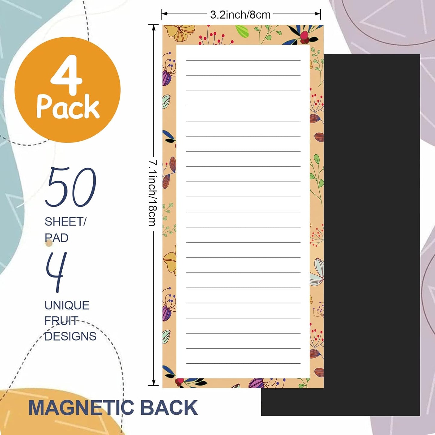 Magnetic Notepads for Refrigerator - Flower Design, 50 Sheets Per Pad, 4 Pack Memo Pads for Grocery Lists and To-Dos