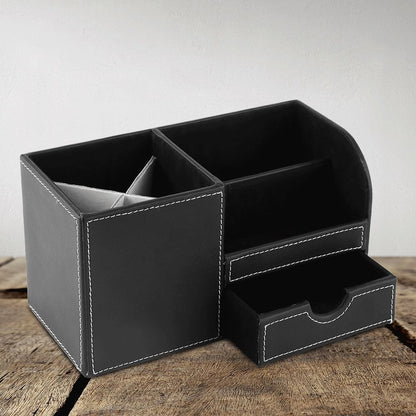 Black 1Pc Wooden Leather Multifunction Desk Stationery Organizer Storage Box Pen Pencil Holder Case Craft Storage & Lighting