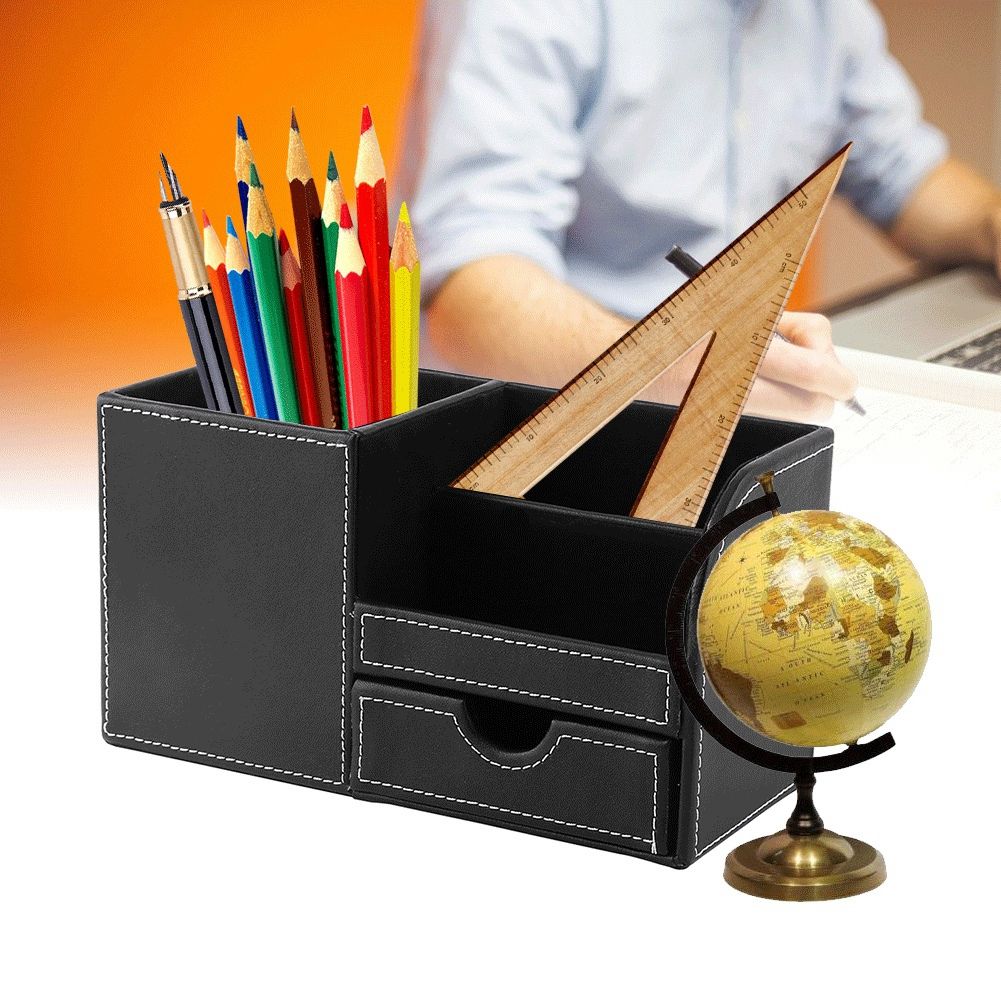 White Smoke 1Pc Wooden Leather Multifunction Desk Stationery Organizer Storage Box Pen Pencil Holder Case Craft Storage & Lighting
