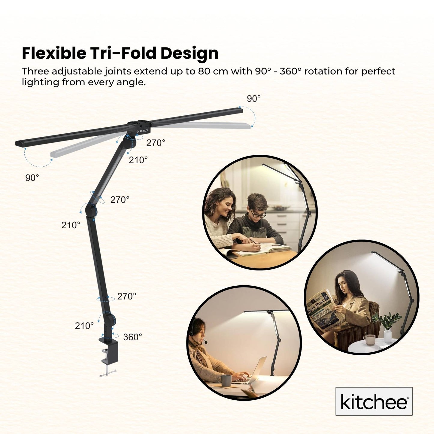 White Smoke Kitchee Tri-Fold LED Desk Lamp with Clamp - Swinging Arm Eye-Care Dimmable Light Craft Storage & Lighting