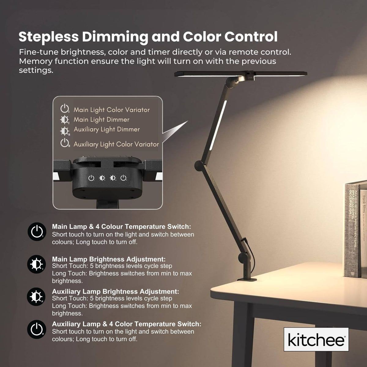 Dark Slate Gray Kitchee Tri-Fold LED Desk Lamp with Clamp - Swinging Arm Eye-Care Dimmable Light Craft Storage & Lighting