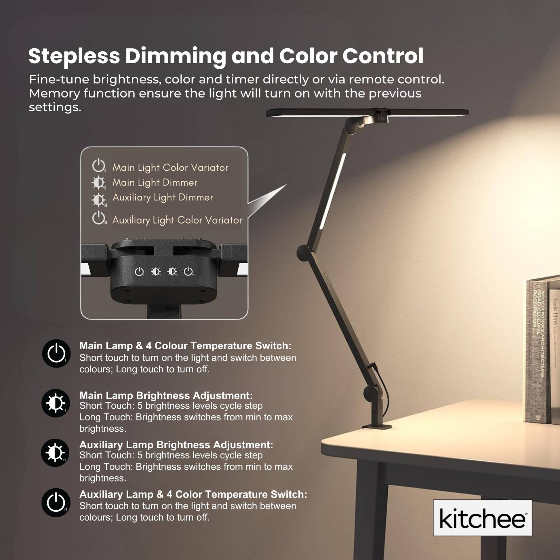 Dark Slate Gray Kitchee Tri-Fold LED Desk Lamp with Clamp - Swinging Arm Eye-Care Dimmable Light Craft Storage & Lighting