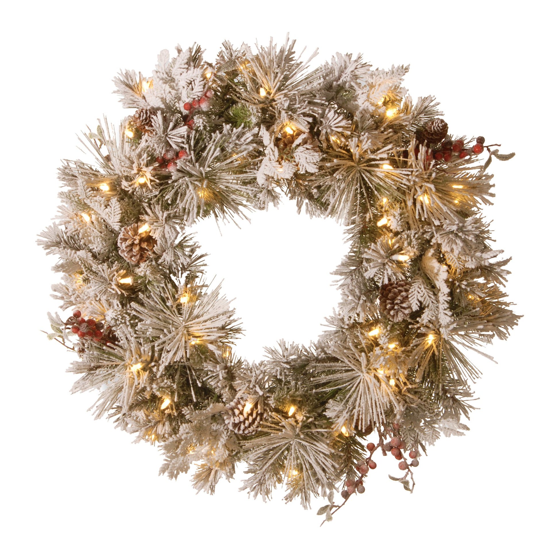 White Smoke Christabelle 61cm Snowy Christmas Wreath Bedford with LED Lights Front Door Decoration Ornament Christmas
