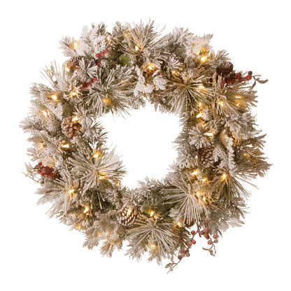 White Smoke Christabelle 61cm Snowy Christmas Wreath Bedford with LED Lights Front Door Decoration Ornament Christmas