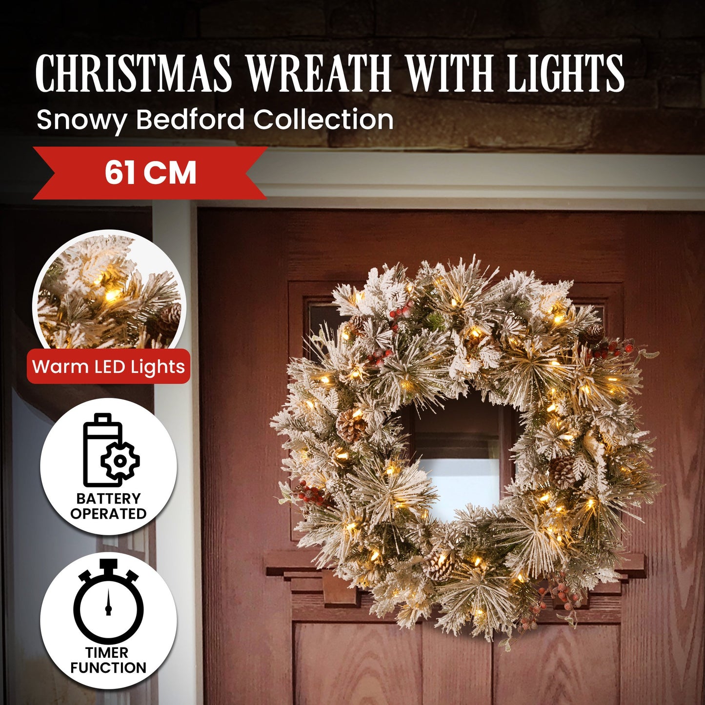 Black Christabelle 61cm Snowy Christmas Wreath Bedford with LED Lights Front Door Decoration Ornament Christmas
