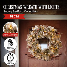 Black Christabelle 61cm Snowy Christmas Wreath Bedford with LED Lights Front Door Decoration Ornament Christmas