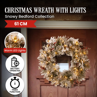 Black Christabelle 61cm Snowy Christmas Wreath Bedford with LED Lights Front Door Decoration Ornament Christmas