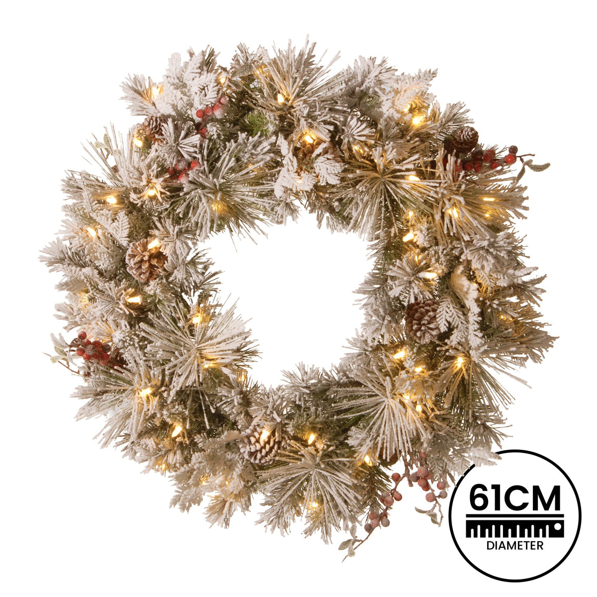 White Smoke Christabelle 61cm Snowy Christmas Wreath Bedford with LED Lights Front Door Decoration Ornament Christmas