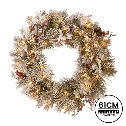 White Smoke Christabelle 61cm Snowy Christmas Wreath Bedford with LED Lights Front Door Decoration Ornament Christmas