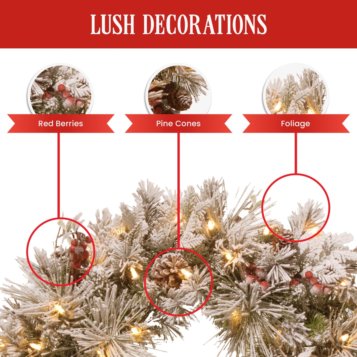 White Smoke Christabelle 61cm Snowy Christmas Wreath Bedford with LED Lights Front Door Decoration Ornament Christmas