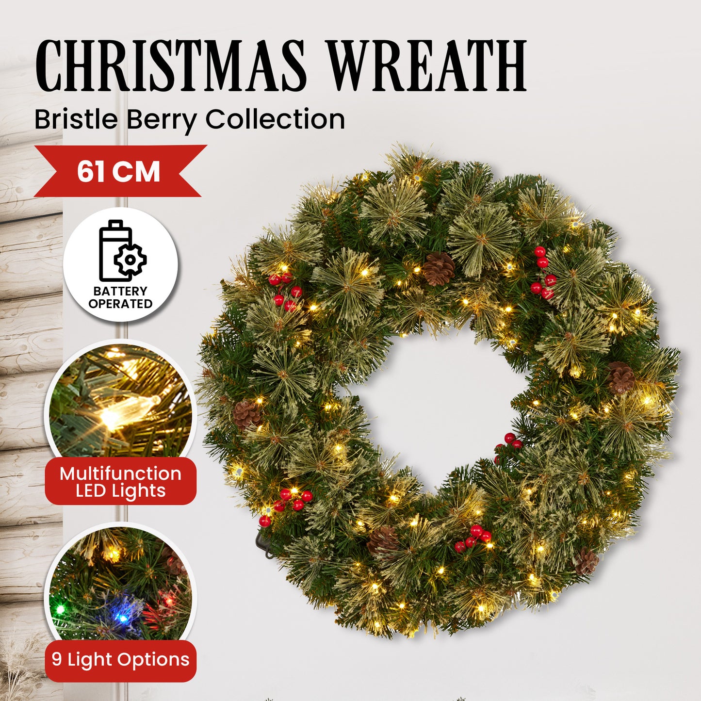 Lavender Christabelle 61cm Christmas Wreath Bristle Berry with LED Lights Front Door Decoration Ornament Christmas