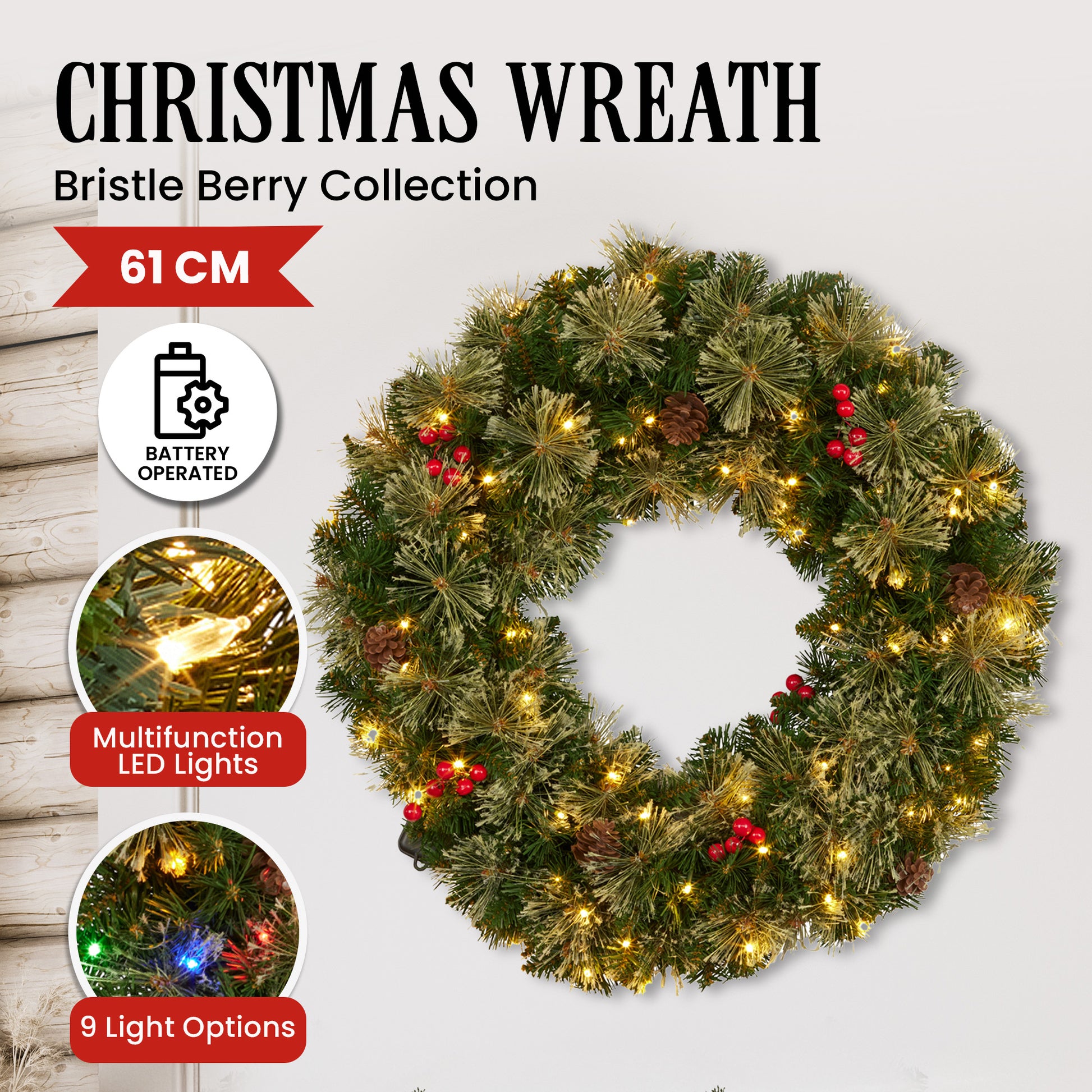 Lavender Christabelle 61cm Christmas Wreath Bristle Berry with LED Lights Front Door Decoration Ornament Christmas