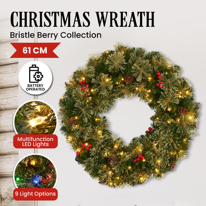 Lavender Christabelle 61cm Christmas Wreath Bristle Berry with LED Lights Front Door Decoration Ornament Christmas