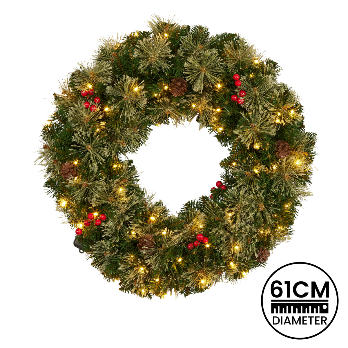 White Smoke Christabelle 61cm Christmas Wreath Bristle Berry with LED Lights Front Door Decoration Ornament Christmas