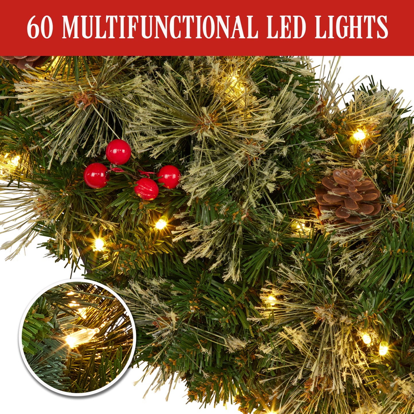 White Smoke Christabelle 61cm Christmas Wreath Bristle Berry with LED Lights Front Door Decoration Ornament Christmas