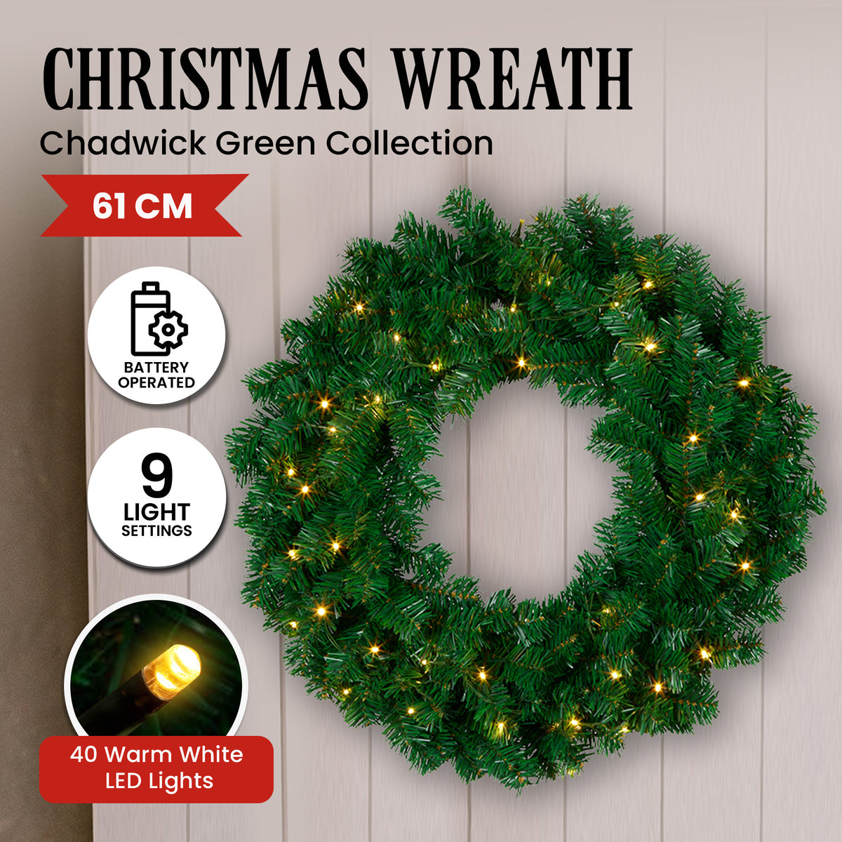 Light Gray Christabelle 61cm Chadwick Christmas Wreath with LED Lights Front Door Decoration Ornament Christmas