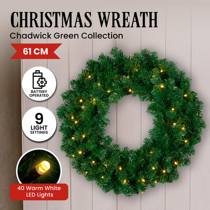 Light Gray Christabelle 61cm Chadwick Christmas Wreath with LED Lights Front Door Decoration Ornament Christmas