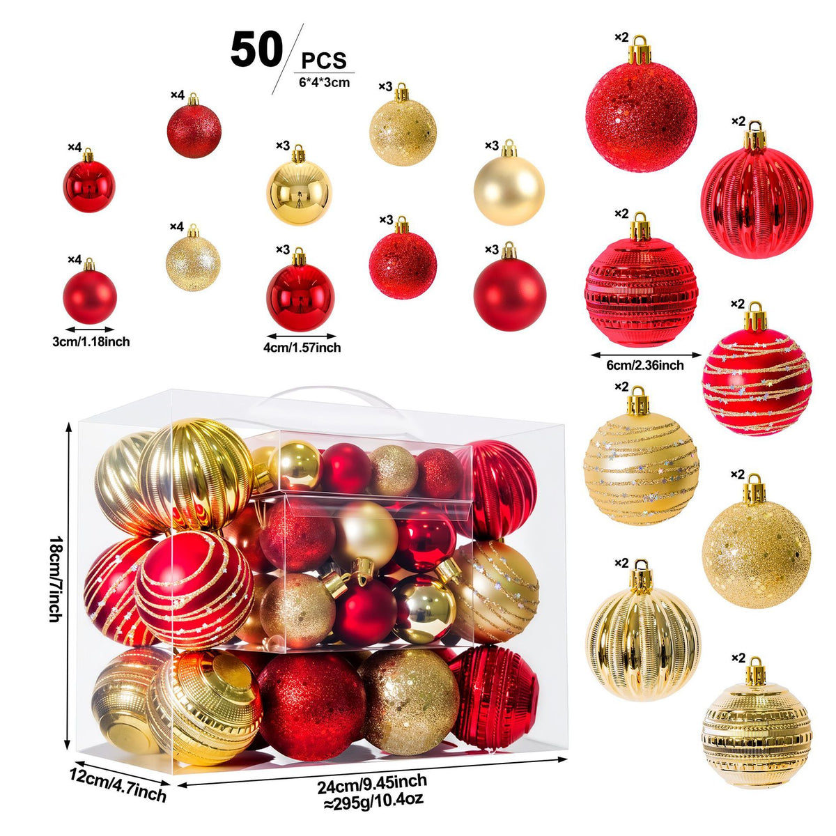 White Smoke Red and Gold 50-Piece Assorted Christmas Bauble Set – Shatterproof Ornaments with Mixed Finishes for Holiday Tree Decor Xmas