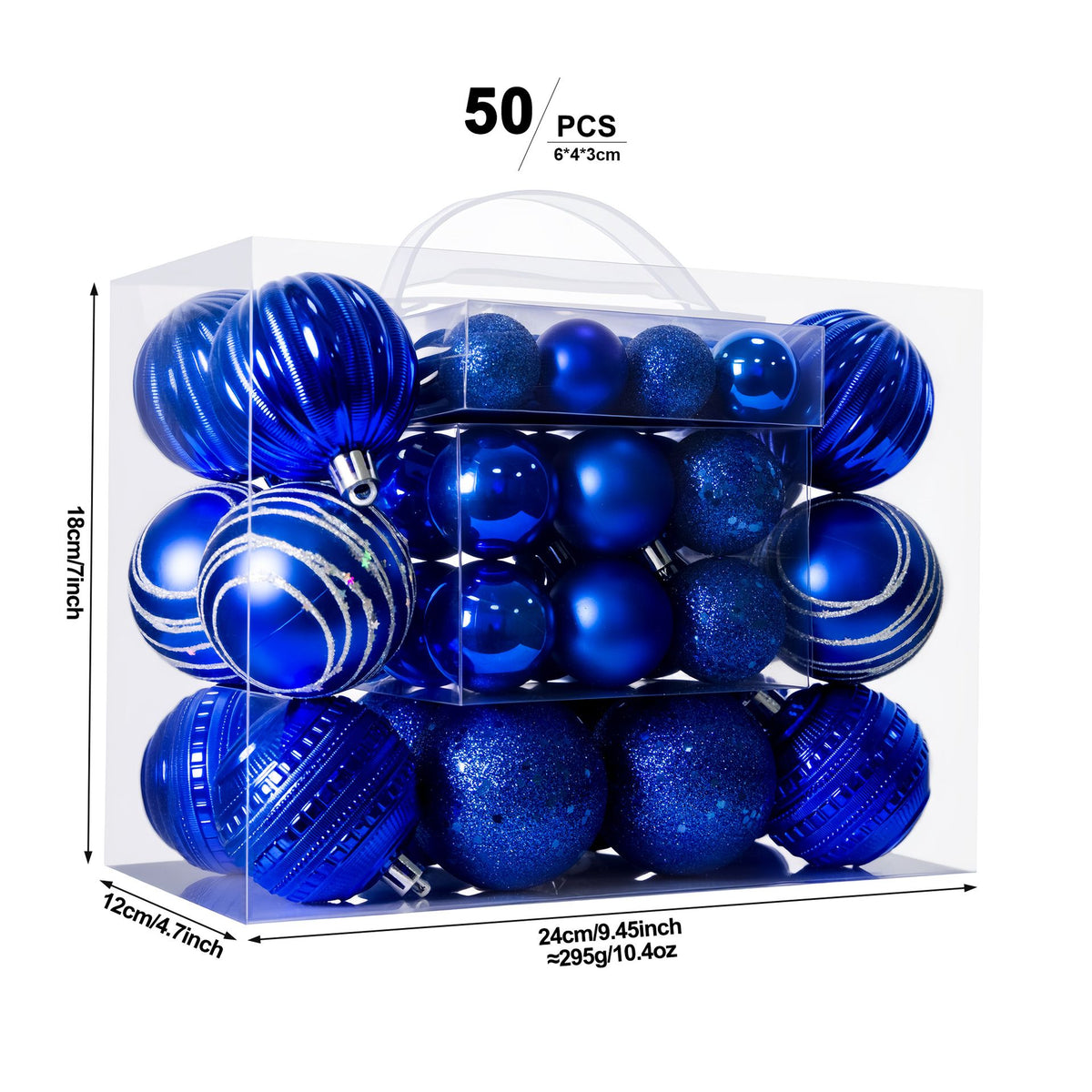 White Smoke Dark Blue 50-Piece Assorted Christmas Bauble Set – Shatterproof Ornaments with Mixed Finishes for Holiday Tree Decor Xmas