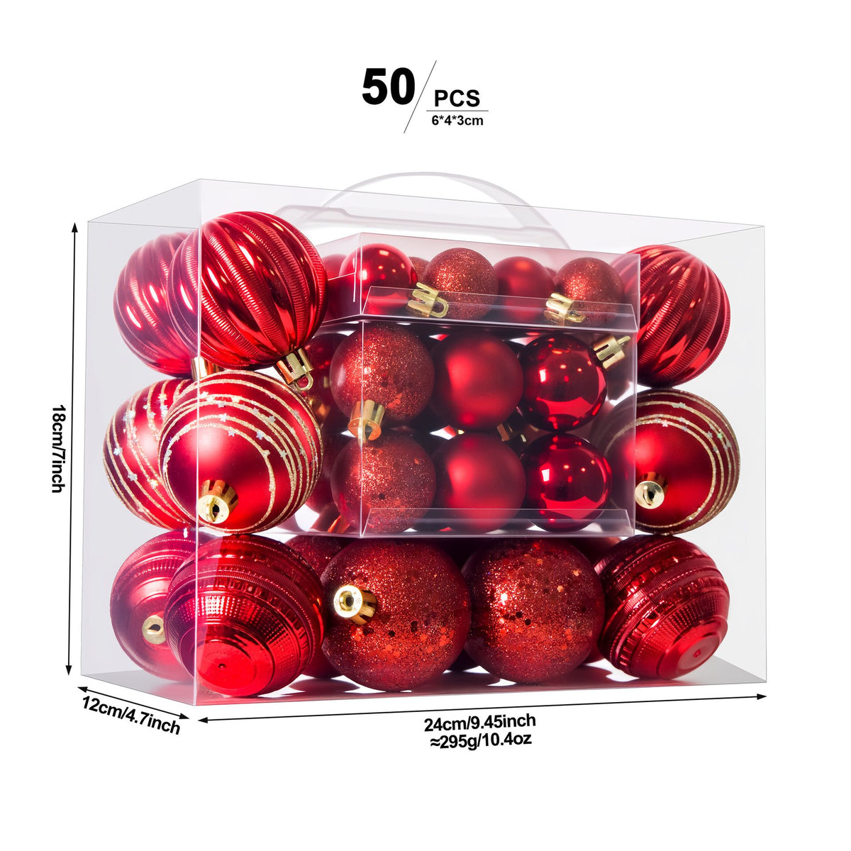 White Smoke Red 50-Piece Assorted Christmas Bauble Set – Shatterproof Ornaments with Mixed Finishes for Holiday Tree Decor Xmas